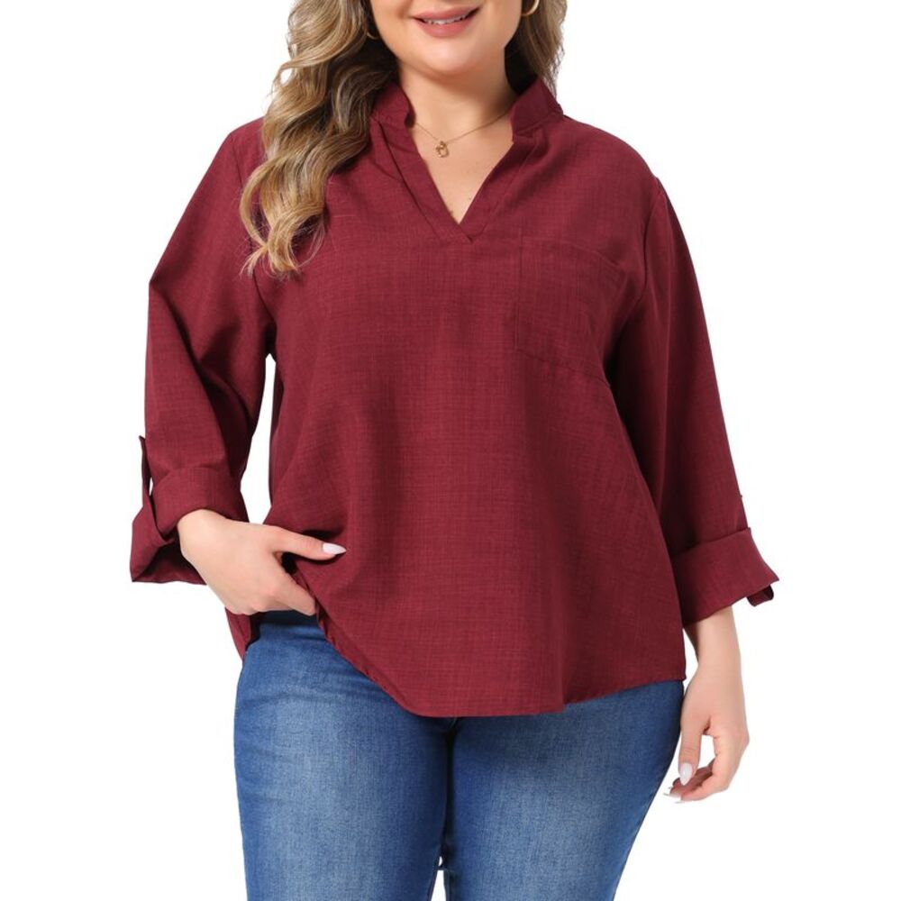 Women Plus Size V Neck Long Sleeve Blouse Top Wine-Red
